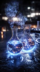 Magical laboratory flasks with glowing liquid and steam rising.