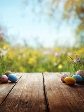 Wooden table with easter eggs and blurred spring meadow background