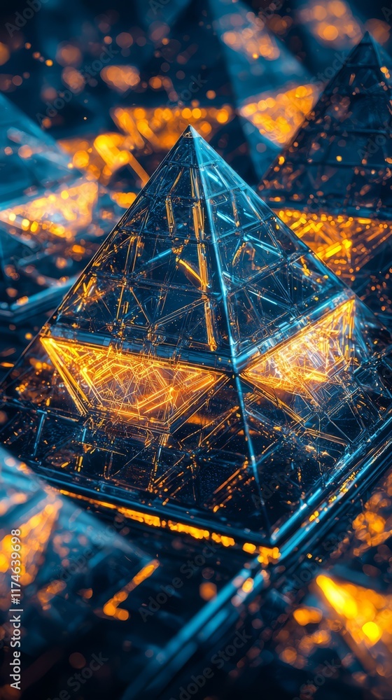 Poster illuminated pyramids: a mesmerizing array of glowing, multifaceted pyramids creates a stunning visua
