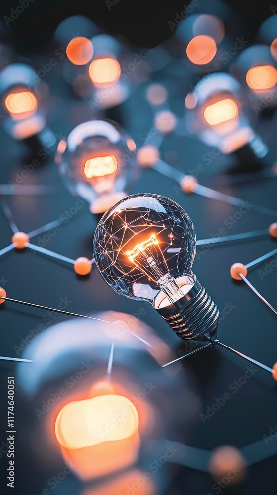 Poster network of innovation: a cluster of illuminated light bulbs interconnected by abstract lines against