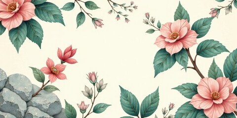 Elegant Botanical Illustration Featuring Delicate Pink Blossoms and Textured Stones