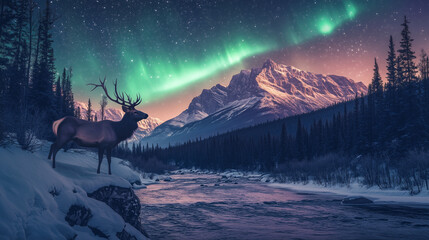 Fototapeta premium Under the shimmering northern lights, a majestic guardian of the wild stands tall, embracing the serenity of the frozen wilderness.