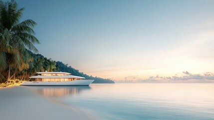 A large white boat is docked on a beach next to a palm tree