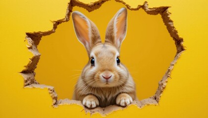Cute Rabbit Peeking Through a Yellow Wall