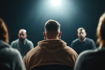Obraz premium In a dimly lit room, a central figure sits with his back to the camera while three others face him, deeply engaged in a group therapy session during the evening
