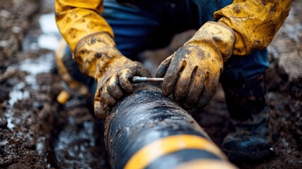 A man in a yellow and blue outfit is working on a pipe