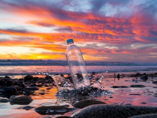 Plastic Bottle Splashing into Ocean Sunset at Beach
