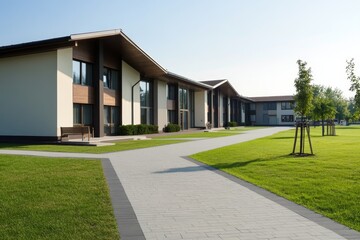 Modern architectural design showcases vibrant landscaping in bright, sunny environment of a residential complex