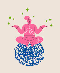 Woman in meditation on chaos mess line. Stress management concept. Colorful vector illustration