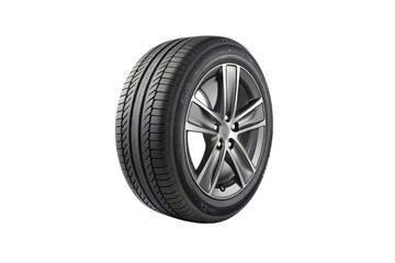 Obraz premium A close-up of a sleek car tire with a modern alloy rim, showcasing its detailed tread design for optimal road performance, isolated on a transparent background