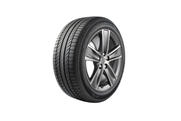 A close-up of a sleek car tire with a modern alloy rim, showcasing its detailed tread design for optimal road performance, isolated on a transparent background
