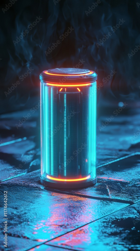 Poster cybernetic core: an illuminated cylindrical core glows with futuristic neon light, set within an ind