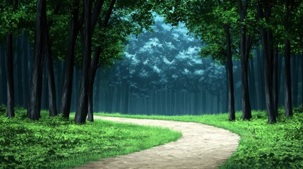 Obraz premium Serene Pathway through Lush Green Forest with Soft Light Effects
