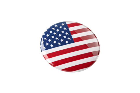 A glossy circular badge displaying the American flag with vibrant red, white, and blue stripes, symbolizing patriotism and unity, isolated on a transparent background