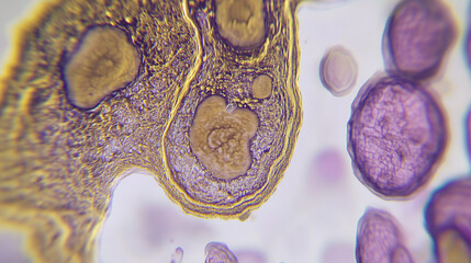 Microscopic view of fungal infection revealing intricate details of pathogen growth and cellular interaction, emphasizing the complexity of microbial life and its impact on human health.