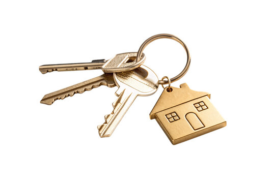 A keyring featuring metallic keys and a golden house-shaped charm, highlighting simplicity and focus on home-related symbolism, isolated on a transparent background - Powered by Adobe