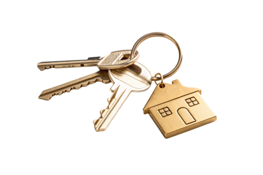 A keyring featuring metallic keys and a golden house-shaped charm, highlighting simplicity and focus on home-related symbolism, isolated on a transparent background