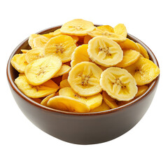 a bowl full of very thinly sliced deep-yellow coloured big banana chips, overflowing in the bowl, white background