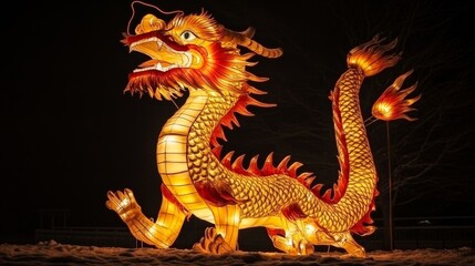 Fototapeta premium Illuminated Dragon Lantern: Vibrant Cultural Festival Display with Intricate Details Glowing at Night