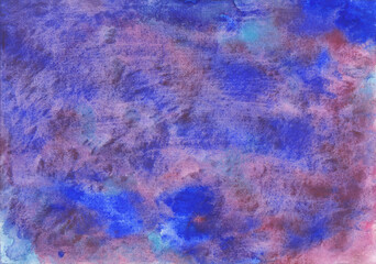 Abstract watercolor texture in shades of blue, pink, and violet. muted shades of low saturation and dark tone, hand drawn drawing with translucent paper texture