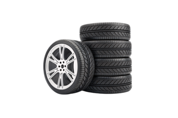 A stylish presentation of five tires with one mounted on a sleek, polished silver alloy rim. An elegant balance of form and function, isolated on a transparent background