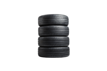 A tall tire stack, neatly arranged, representing high-quality automotive products ready for usage or sale, isolated on a transparent background