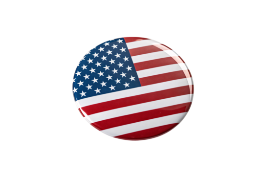 A slightly angled perspective of a shiny badge with the U.S. flag, highlighting the stars and stripes in striking detail, isolated on a transparent background