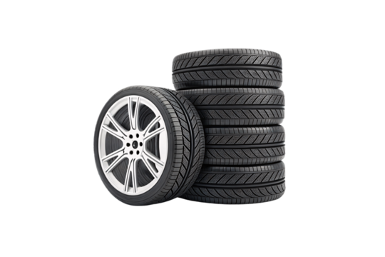 A stylish presentation of five tires with one mounted on a sleek, polished silver alloy rim. An elegant balance of form and function, isolated on a transparent background - Powered by Adobe