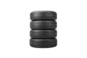 A vertical stack of four car tires with defined tread patterns, showcasing reliability, durability, and suitability for different terrains, isolated on a transparent background
