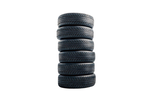 A vertical stack of six deep black tires with distinctive tread grooves, aligned flawlessly to highlight their precision manufacturing, isolated on a transparent background