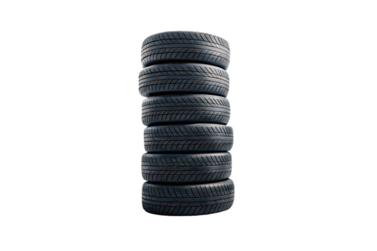 A vertical stack of six deep black tires with distinctive tread grooves, aligned flawlessly to highlight their precision manufacturing, isolated on a transparent background