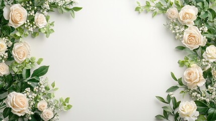 A white background with a bunch of white roses and green leaves