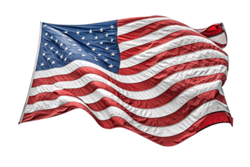 A vibrant U.S. flag, gracefully waving, showcasing bold red and white stripes and a field of white stars on deep blue, isolated on a transparent background