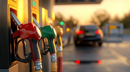 Natural gas fuel demand concept. A sunset view of a gas station with fuel pumps and a car preparing to refuel, highlighting the blend of technology and nature.