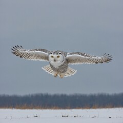 A snowy owl in flight, its wings outstretched against a cloudy backdrop.