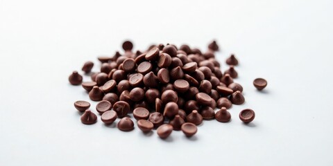 Obraz premium A delectable mound of dark chocolate chips, scattered on a pristine white surface, ready for baking delicious treats.