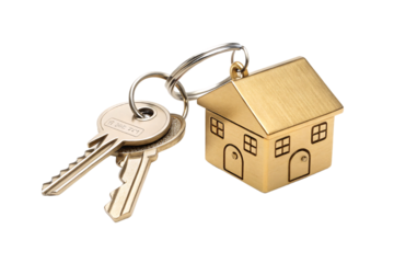 Two modern metallic keys on a ring alongside a golden house-shaped keychain, representing homeownership or security, isolated on a transparent background
