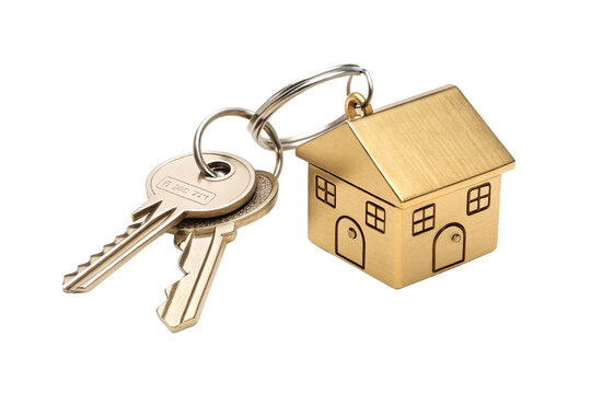 Two modern metallic keys on a ring alongside a golden house-shaped keychain, representing homeownership or security, isolated on a transparent background