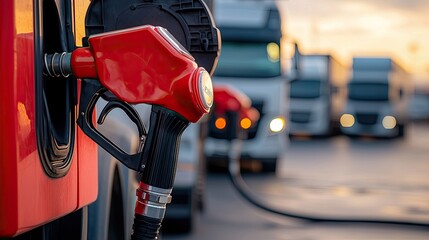 A fuel pump nozzle is positioned at a gas station, with trucks lined up in the background during a sunset.