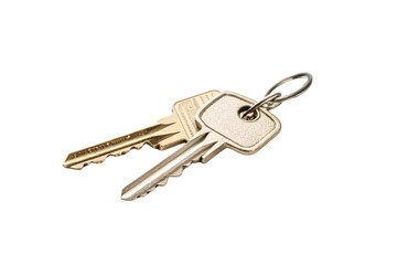 Two traditional metallic keys on a simple ring, emphasizing functionality and practicality in everyday use, isolated on a transparent background