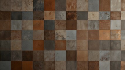 Old brown gray rusty vintage worn geometric shabby mosaic ornate patchwork motif porcelain stoneware tiles stone concrete cement wall texture background banner panorama Generative AI