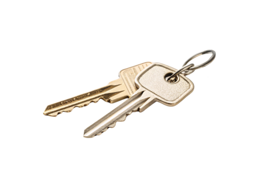 Two traditional metallic keys on a simple ring, emphasizing functionality and practicality in everyday use, isolated on a transparent background