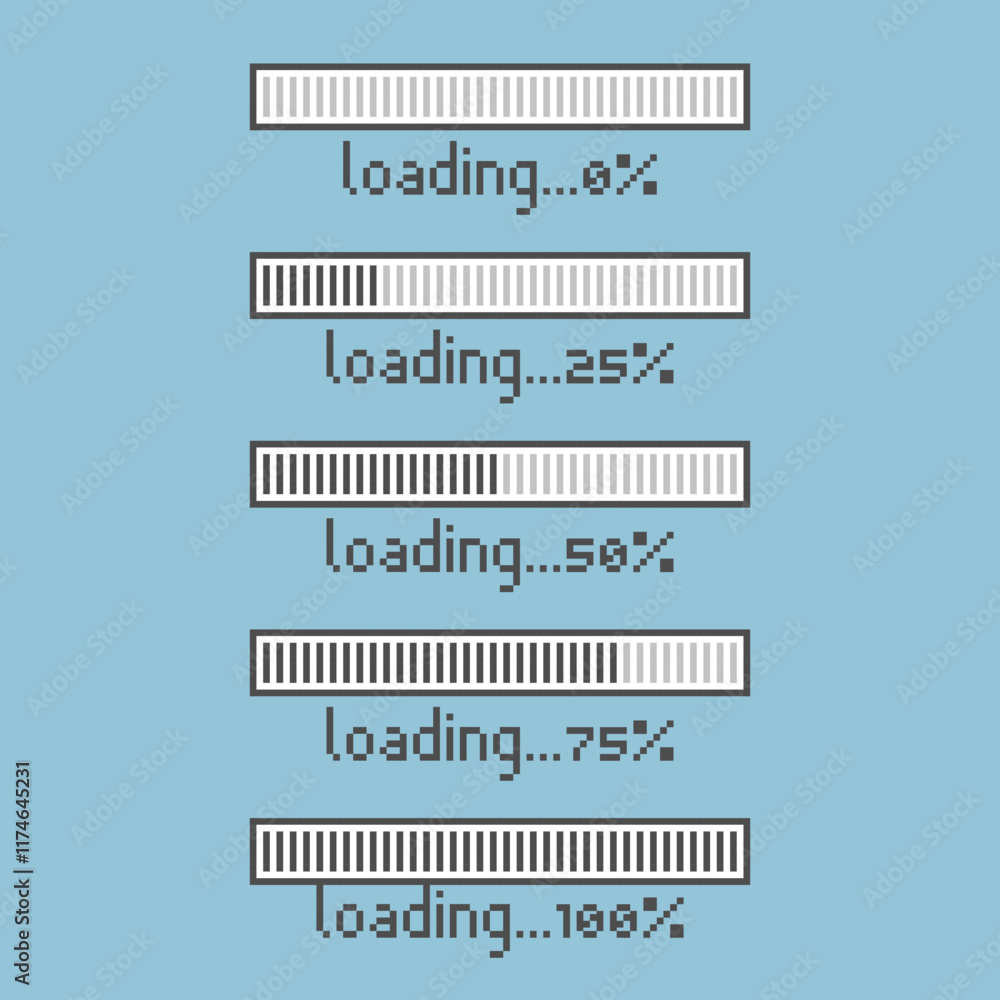 Fototapete collection set of retro game 8bit pixel art loading process progress counter bar computer battery, b