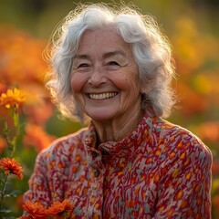 Radiant and Joyful Elderly Woman Laughing Amid Vibrant Floral Garden