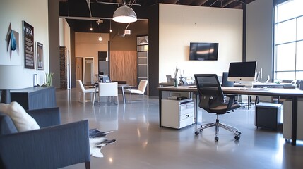  An office space with a modern, open layout featuring white and gray furniture, including sofas, chairs, and desks. The setting includes various electronic devices like computers and a TV, indicating.