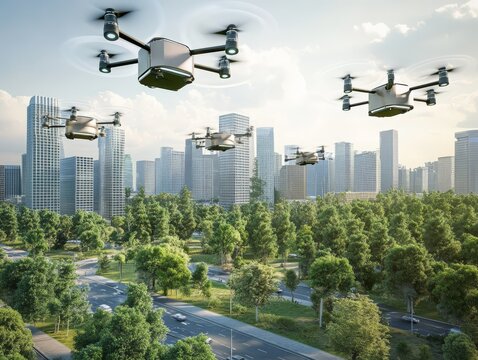 Delivery Drones Soaring Over City: A futuristic vision of urban transportation, with multiple delivery drones gracefully navigating a city skyline. Their sleek.