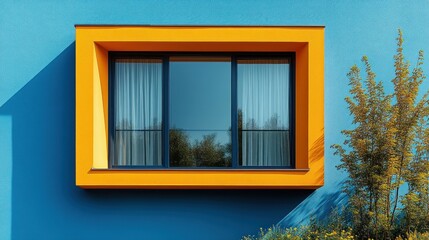 Modern orange window frame on blue wall with plants.
