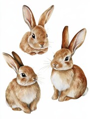 Obraz premium Collection of three watercolour paintings of brown cute rabbits isolated on white background, animal clipart bundle.