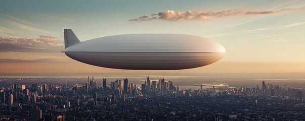 Fototapeta premium A futuristic airship hovers over a city skyline at sunset, blending technology with urban aesthetics in a serene atmosphere.