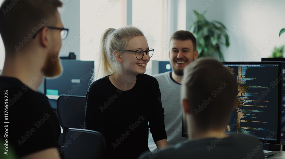 Poster in a vibrant tech office, a female computer programmer animatedly discusses coding challenges with h